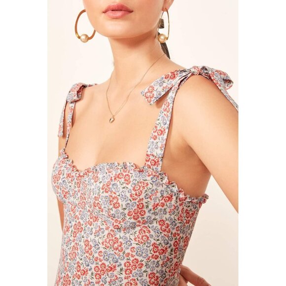 Long Floral Midi Dress by Manu Reformation Nikita Shelby White Blue Red Ruffle 2 - Picture 5 of 16